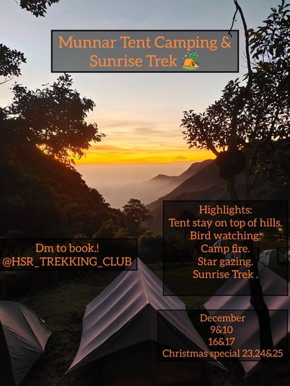 A promotional image for the Munnar sunrise trek, highlighting the tent camping and stargazing opportunities.
