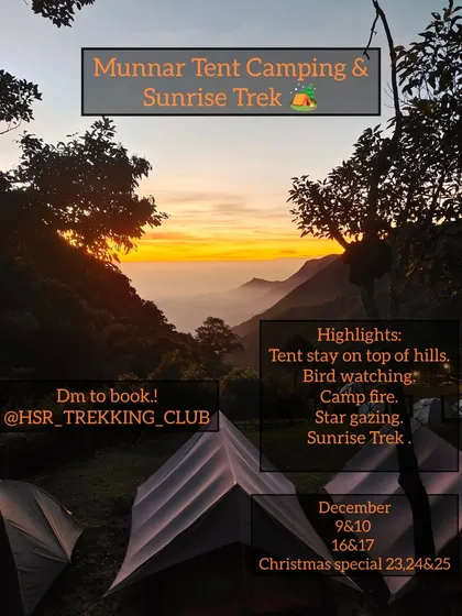 A poster for the Munnar tent camp and sunrise trek.
