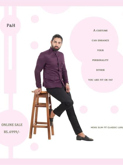 A classic bandhgala suit in a deep wine color, offered as part of my accessible luxury line. It provides a sharp, slim-fit silhouette for any party or festive occasion.