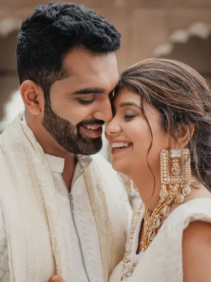 A close-up of a happy couple at their destination wedding in Jaipur. Their smiles show the magic of getting married in such a special place.