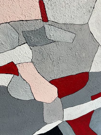 A close-up of the red and grey textured abstract. The black outlines define the shapes and make the colors pop.