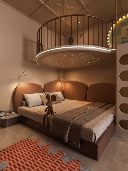 This kids' bedroom was designed to maximize play space with a custom bed and an elevated mezzanine play area. The headboard's organic, stone-like shapes and the earthy color palette create a cozy and imaginative atmosphere.