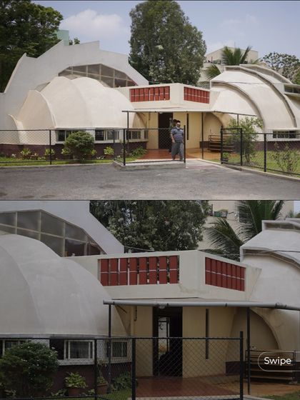 The unique, shell-like form of the kindergarten building at Aurinko Academy. The design is inspired by a breaking egg, symbolizing a child's first step into the world of learning.
