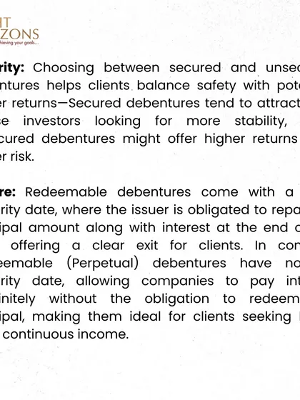 This excerpt explains the security and tenure aspects of debentures. We differentiate between secured and unsecured debentures for balancing safety and returns, and redeemable versus irredeemable for income planning.
