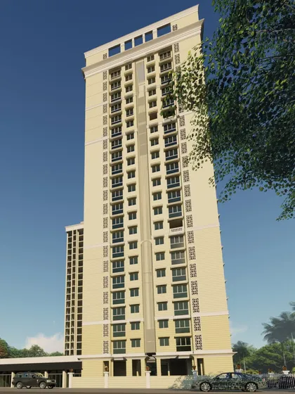 A side profile of the residential tower in Powai, highlighting its slender form and classic architectural proportions. The design ensures that the building stands as a sophisticated landmark in its premium locale.