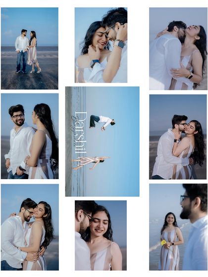 A collection of moments from Darshil and Bhagyashree's beach session. The central levitation shot adds a touch of magic and creativity to their pre-wedding album.
