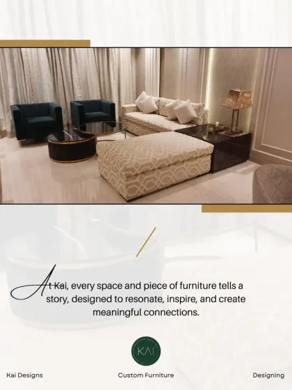 Another view of a living room project, highlighting the interplay of a patterned ottoman and sofa with solid-colored armchairs. This composition shows how we balance different design elements to achieve a cohesive and stylish result.