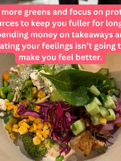 Eat more greens and focus on protein sources to keep you fuller for longer. A colorful, nutrient-dense bowl like this is the foundation of healthy eating.