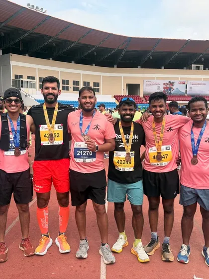 That feeling of crossing the finish line with your team is unbeatable. Here's our crew celebrating with their hard-earned medals after the NMDC Hyderabad Marathon.