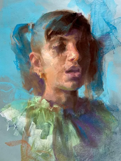 A soft pastel sketch of a young girl, exploring color and emotion with a different medium.