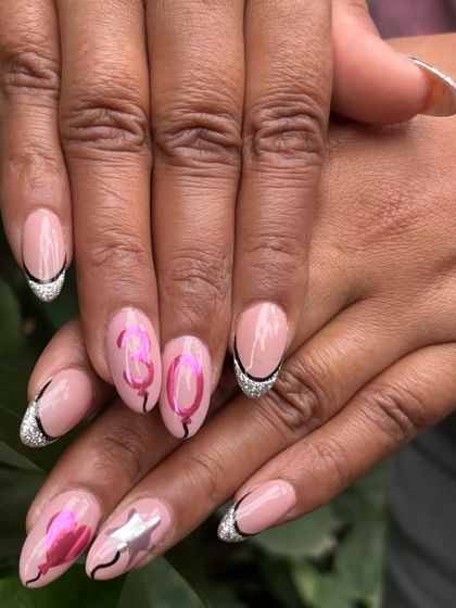 Custom birthday nails for one of my own team members. This fun design for turning 30 features chrome accents, abstract lines, and the number '30' in a balloon font.