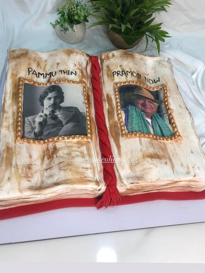 This angle shows the realistic page details of the fondant book cake.