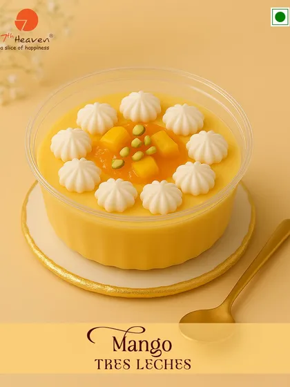 Sunshine in every spoon. Our Mango Tres Leches is a light and airy sponge cake soaked in three kinds of milk, topped with a creamy mango mousse.