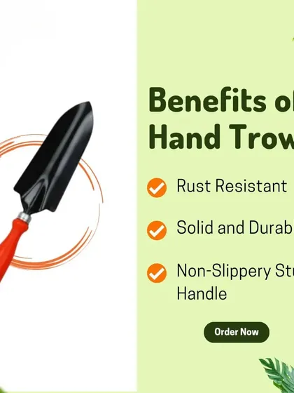 This graphic highlights the key benefits of my hand trowel. It is rust-resistant, solid and durable, and features a non-slippery, sturdy handle for a comfortable and secure grip.
