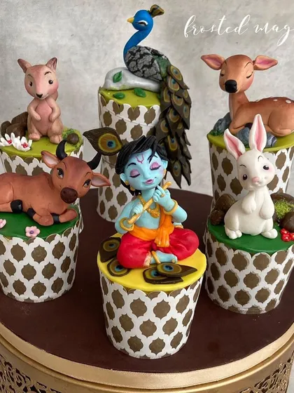 This set of Krishna-themed cupcake toppers won "Best In Show" at the India Bake Show. Each piece, from Krishna to the little animals, is completely handmade and tells a small story.
