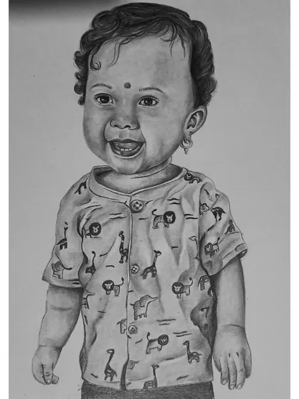 An adorable A4 pencil sketch of a smiling baby. Capturing the pure joy in a child's face is one of my favorite things to do.