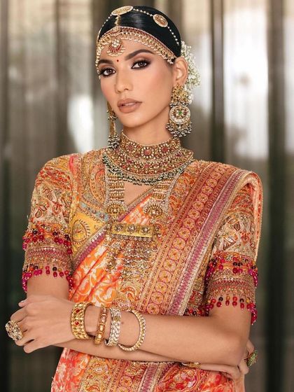 A traditional South Indian bridal look taught at my Delhi class. Students learned the nuances of regional bridal makeup.