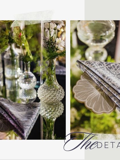 A collage of "The Details" from the wire mesh wedding, showing the intricate glassware and custom-printed napkins.