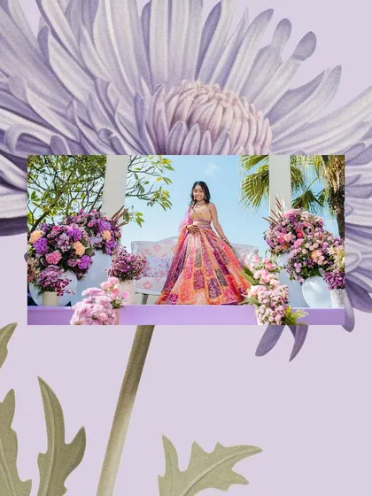 An artistic edit of the bride's portrait, framed by a purple floral graphic.