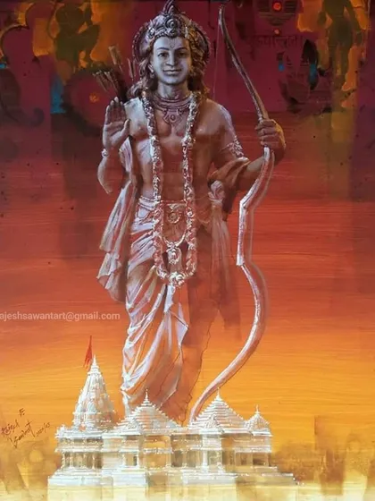 My painting "Glory of Prabhu Ram," showing Lord Ram with the Ayodhya temple. This acrylic on canvas piece was created for a painting camp in Ayodhya.