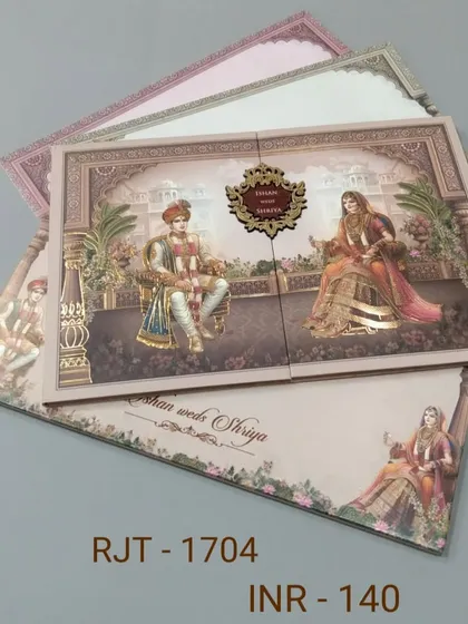 A gate-fold invitation that opens to reveal a royal couple seated on thrones. The pastel colors and intricate artwork make it a sophisticated choice for your wedding announcement.