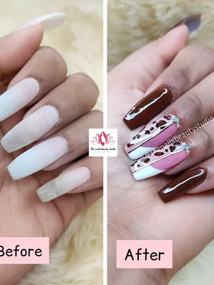 A before-and-after showing the process of creating this trendy leopard print nail art set.