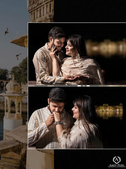 A collage contrasting a day shot by the lake with intimate night portraits at a Jaipur palace. This shows the versatility of a location and how we can capture different moods from day to night.