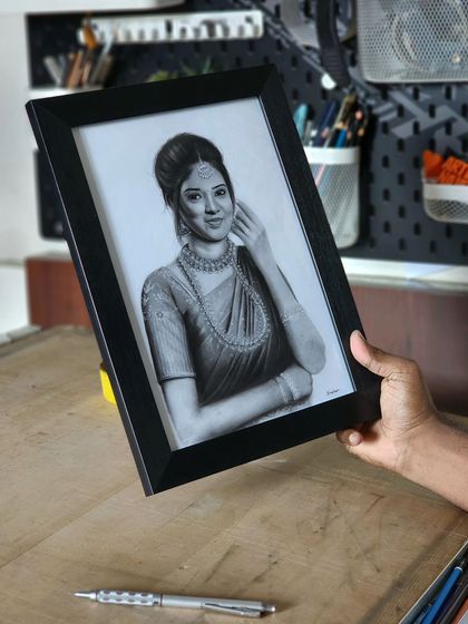 A finished A4 size portrait, completed in 8 hours. This shows that even smaller pieces can be packed with detail and personality.