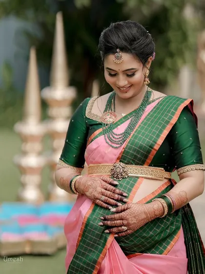 Jewellery is for all of life's happy milestones. Here is a beautiful mom-to-be glowing at her Seemantham ceremony, adorned in our traditional jewellery that adds to the joy and sanctity of the occasion.