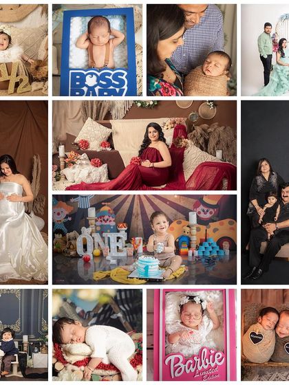 A collage showcasing the variety of sessions we offer, from maternity and newborn to cake smashes and family portraits. We capture memories at every stage of life.