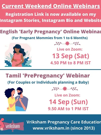 Ready to start your journey? I hold live, interactive online webinars in both English and Tamil for couples and individuals planning for a baby. You can join from anywhere in the world and get the support you need.