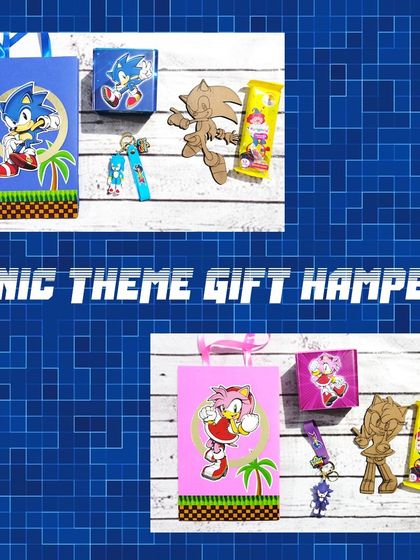 This Sonic theme gift hamper includes a piggy bank, a DIY MDF art cutout, a keychain, and a themed paper bag. I can create hampers for both Sonic and Amy Rose.