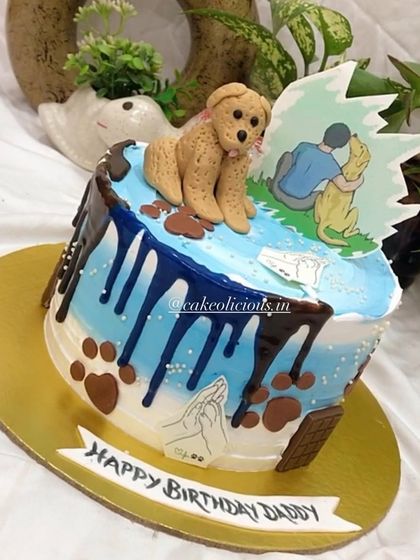 A closer look at the adorable fondant dog and the personalized details on this special cake.