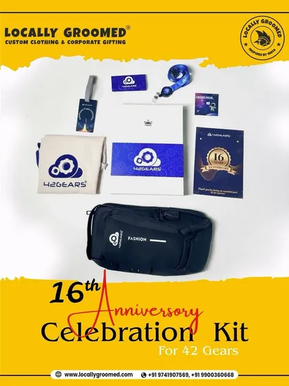 We were honored to help 42Gears celebrate their 16th anniversary with this custom celebration kit. The kit includes a branded crossbody bag, a lanyard, and other personalized merchandise, all packaged in a specially designed anniversary box.