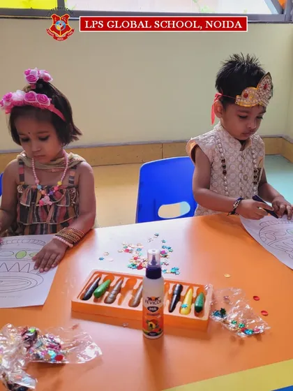 Our pre-primary students engage in a Janmashtami-themed craft activity, decorating matkis with creativity and enthusiasm.