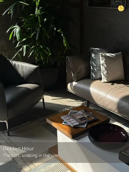Golden hour at The Loft, with the sun soaking the leather furniture and casting long shadows.