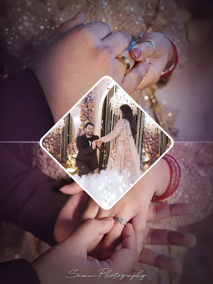A creative collage focusing on the ring exchange, with a diamond-shaped frame highlighting the proposal moment.