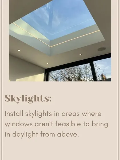 We install skylights in areas where windows are not feasible. This is an effective way to bring in daylight from above, transforming even interior rooms.