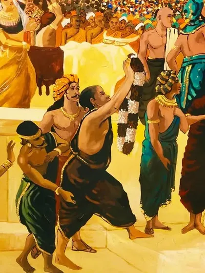 This image details the crowd in the Dwarka painting, showing the excitement and adoration of the people. Each figure is individually rendered to contribute to the lively atmosphere of the scene.