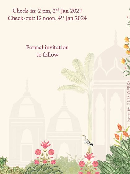 A close-up detail of the Jaipur-themed Save the Date. You can see the subtle architectural silhouettes and the carefully placed illustrated bird, elements that add depth and character to the digital invitation.