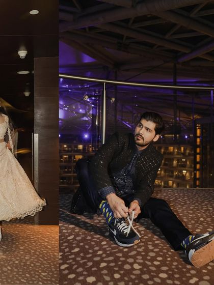 A collage showing the bride and groom's cool and casual style at their sangeet. The bride's sneakers and the groom's stylish socks add a personal and fun touch to their outfits.