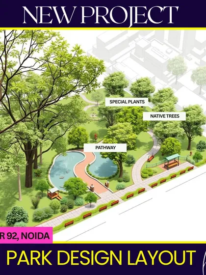 The park design layout for a new project in Sector 92, Noida. Our plan incorporates native trees, special plant zones, a winding pathway, and a central water body to create a sustainable and beautiful public green space.