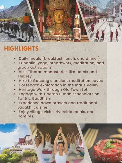 Here are the highlights of what a Himalayan journey with us looks like. It includes daily Kundalini yoga, visits to Tibetan monasteries, heritage walks, and experiencing traditional Ladakhi culture and cuisine.