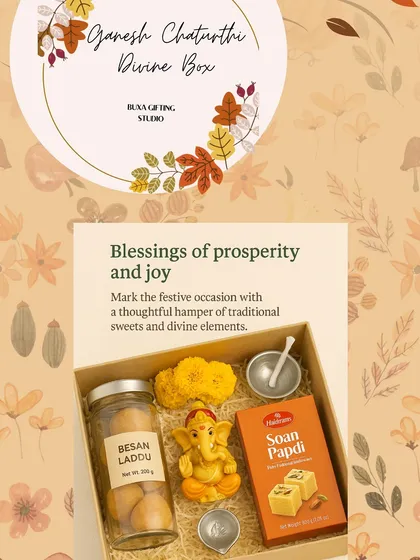 A divine gift box idea for Ganesh Chaturthi, featuring besan laddu, soan papdi, and a small Ganesha idol.