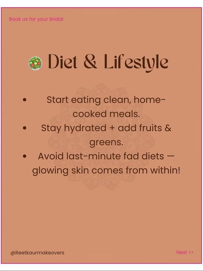 A checklist tip on diet and lifestyle. Start eating clean, home-cooked meals and stay hydrated. Glowing skin comes from within, so avoid last-minute fad diets.