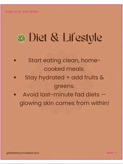 A checklist tip on diet and lifestyle. Start eating clean, home-cooked meals and stay hydrated. Glowing skin comes from within, so avoid last-minute fad diets.