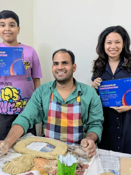 I love collaborating with other artists to bring new skills to my students. Here we are with a student, awarding Certificates of Participation after a special papermache masterclass with guest artist Birender Yadav.