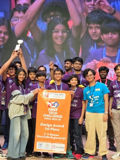 A close-up of our FTC Circuitron team receiving the 1st Place Design Award at the C.V. Raman West India Regional, recognizing their superior robot design.