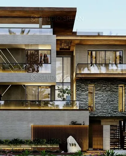 We have extensive experience with large-scale luxury residences. This project on a 631 sq. yard plot in South City, Gurgaon, features cantilevered balconies, extensive use of natural stone, and a complex interplay of volumes to create a truly bespoke villa.