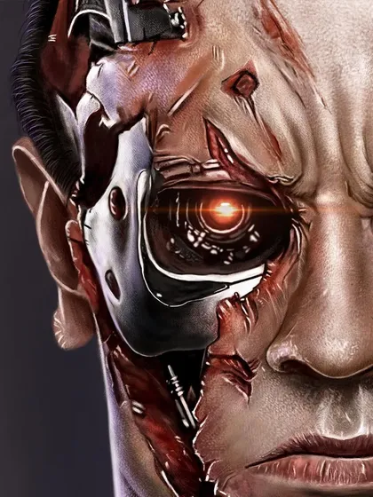 This detail shot shows the glowing red cybernetic eye. I spent a lot of time on the reflections and light sources on the chrome surface to make the metal look as realistic as possible.